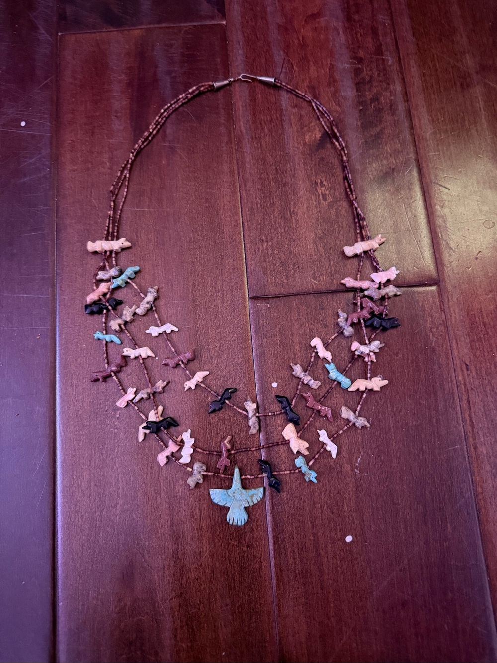 Vintage Zuni 3-Strand Fetish Necklace Hand Carved Multi-Stone Heishi Sterling